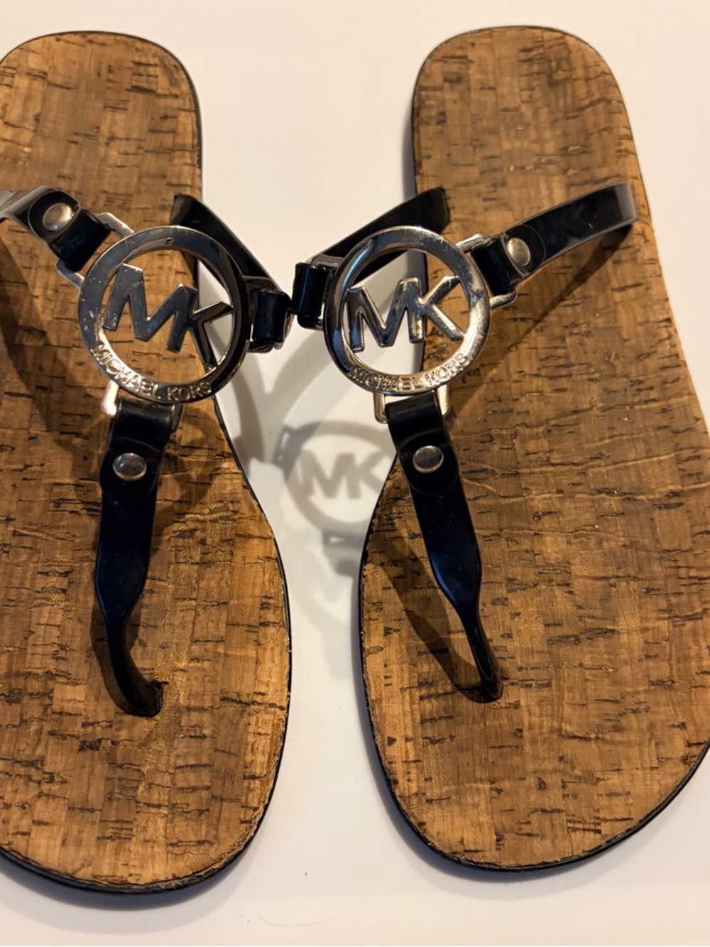 Michael Kors MK Logo Sandals Cork Thong Black Size 7